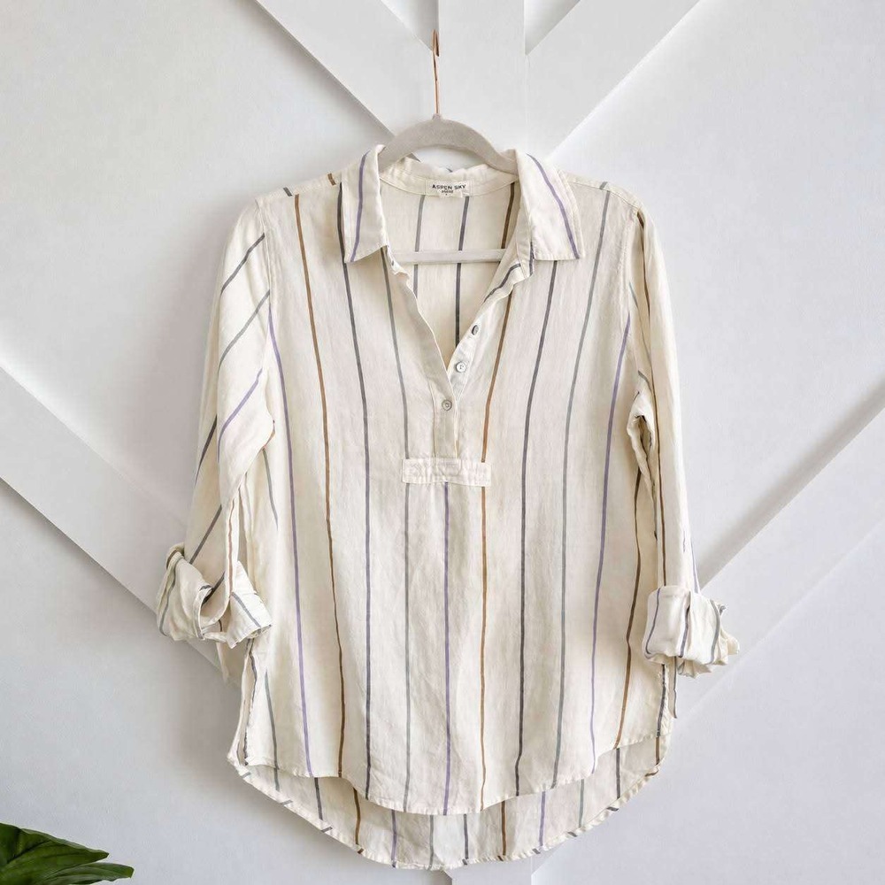 Artisan NY Henley Tunic Women Size S White Striped 100% Linen Long Sleeve Top